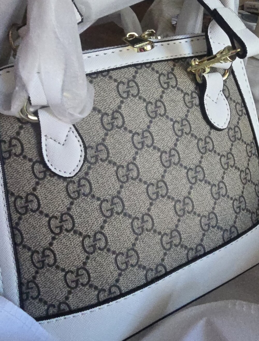 Super Canvas Summer Whitr Beige GG Canvas Satchel w/White Trim Crossbody Strap - Picture 8 of 17